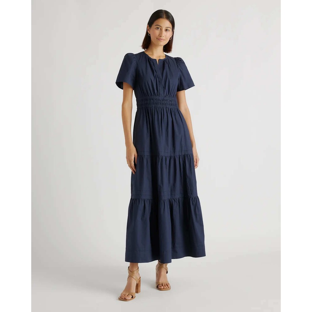 Quince Organic Cotton Poplin Tiered Maxi Dress Navy Smocked Waist Medium NWT